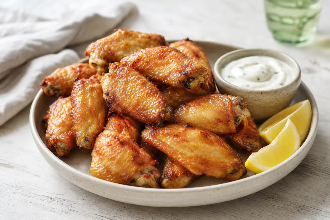 Ali di pollo dorate e croccanti su un piatto, con una ciotolina di salsa e spicchi di limone