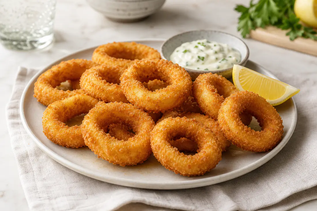 Anelli di totano panati e dorati, più larghi e spessi di quelli dei calamari, serviti in un piatto con limone e salsa allo yogurt