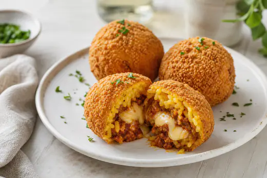 Arancini di riso rotondi con panatura dorata, uno tagliato a metà con riso, ragù e mozzarella filante, su un piatto