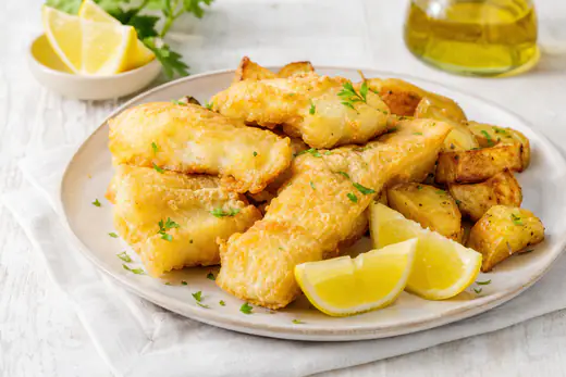 Pezzi di baccalà dorati e croccanti infarinati, serviti su un piatto con spicchi di limone, prezzemolo e patate al forno