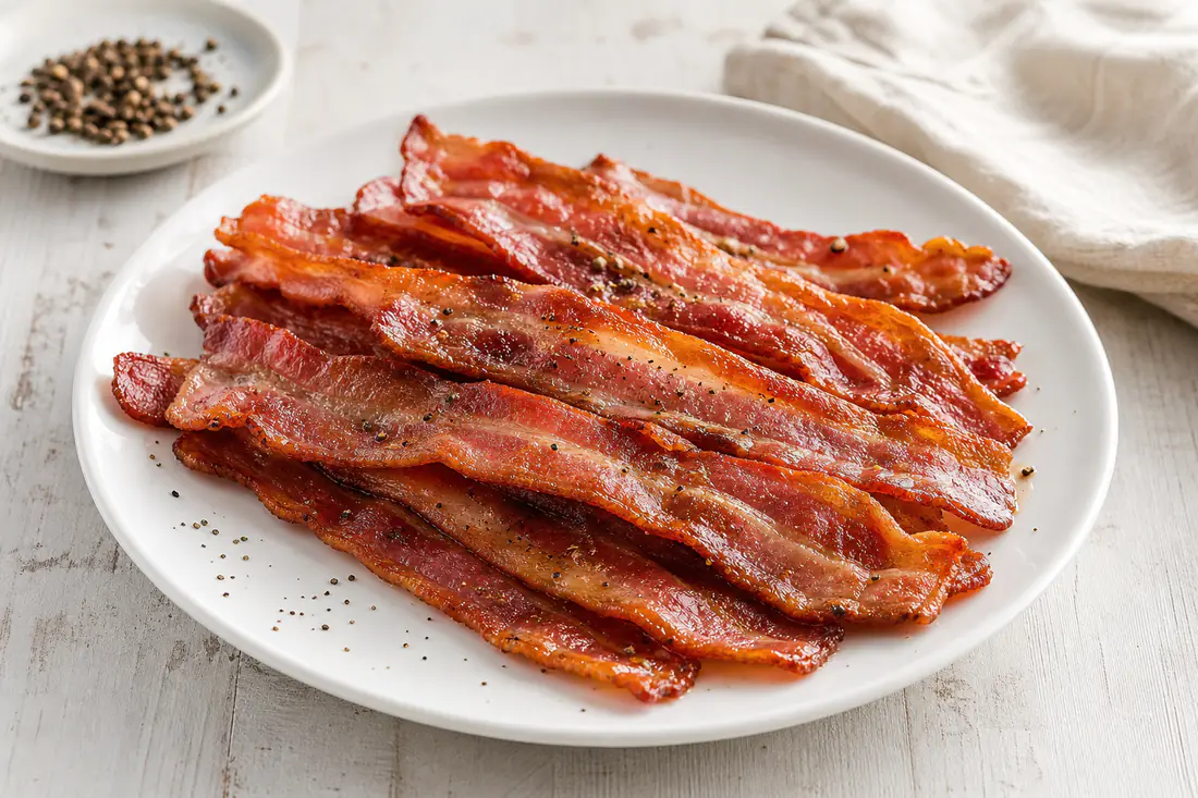 Fette di bacon croccanti e dorate, appena cotte, su un piatto bianco con una macinata di pepe nero