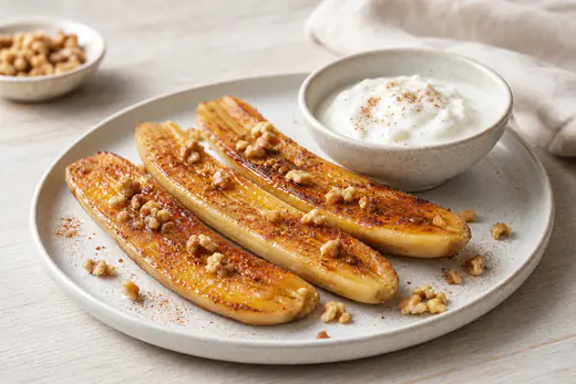 Metà di banana caramellate con superficie dorata e lucida, cosparse di cannella e noci tritate, servite con yogurt greco bianco in una ciotola