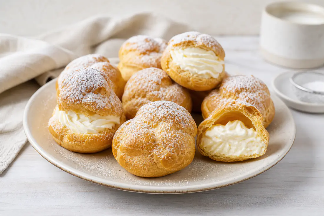 Bignè tondi e dorati, alcuni aperti e farciti con panna montata, con zucchero a velo, su un piatto