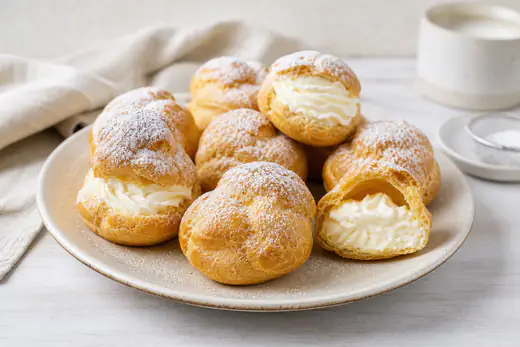 Bignè tondi e dorati, alcuni aperti e farciti con panna montata, con zucchero a velo, su un piatto
