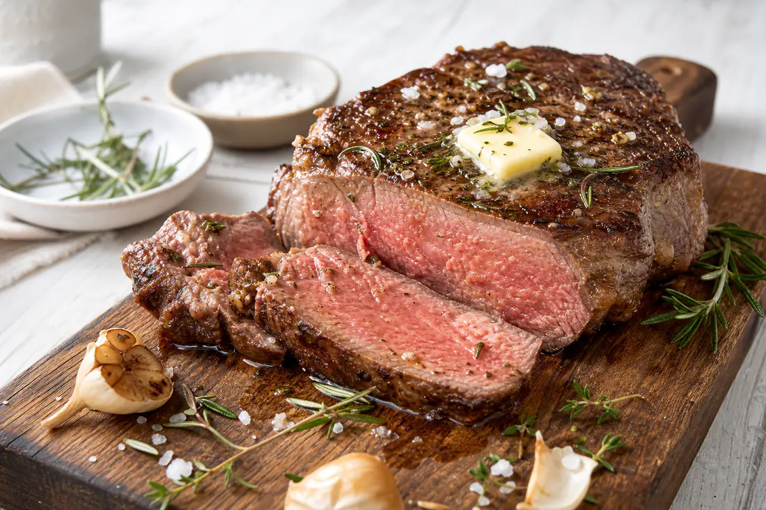 Bistecca di manzo spessa dorata e affettata, con il centro rosato, su un tagliere con rosmarino, sale grosso e burro fuso