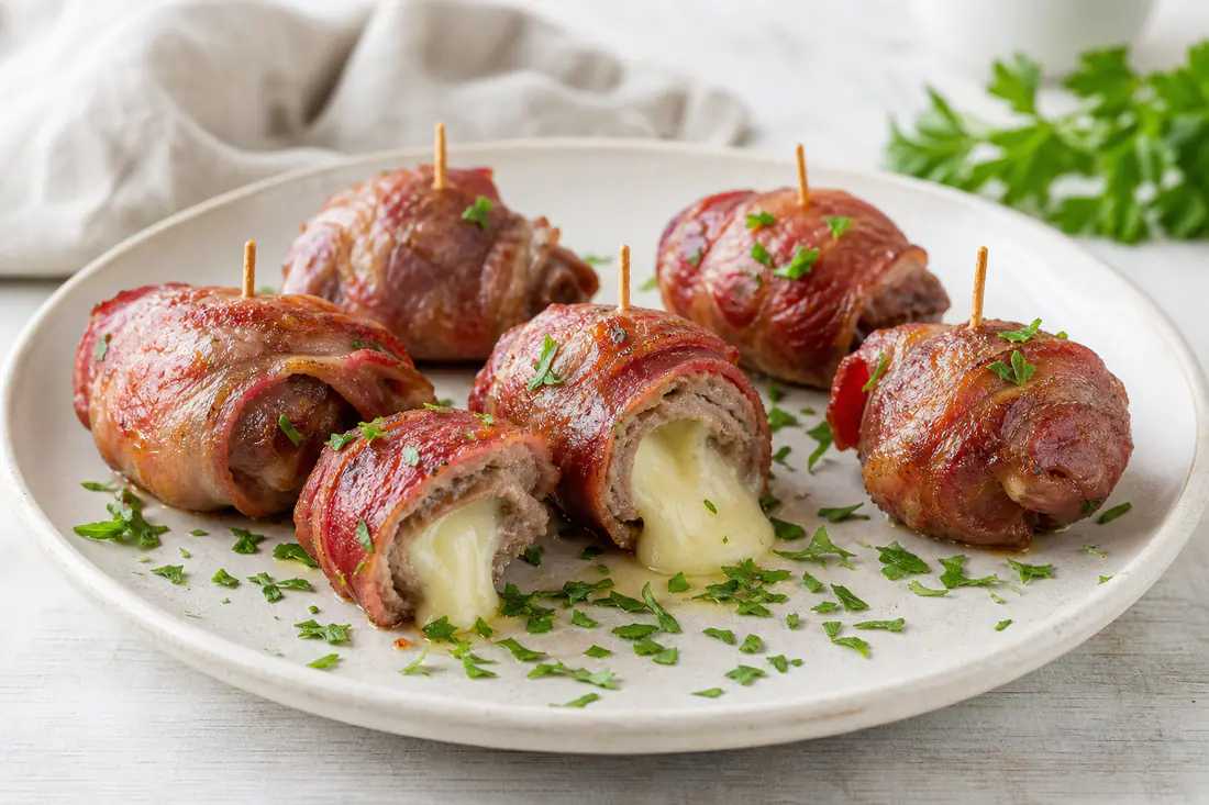 Bombette pugliesi dorate, involtini di capocollo con filo di formaggio fuso, fermate con stuzzicadenti, su un piatto con prezzemolo