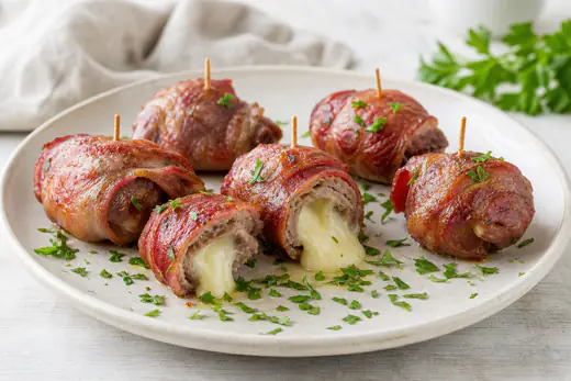 Bombette pugliesi dorate, involtini di capocollo con filo di formaggio fuso, fermate con stuzzicadenti, su un piatto con prezzemolo