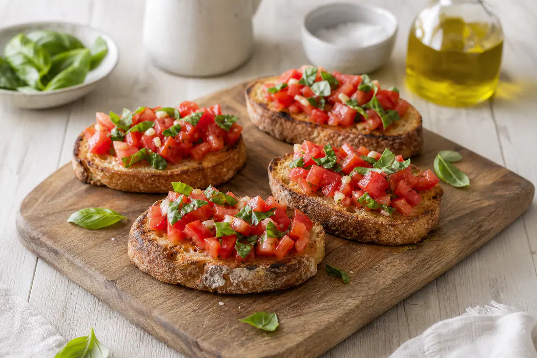 Bruschette di pane casereccio tostato con pomodorini a dadini, basilico fresco e un filo d’olio, su un tagliere di legno