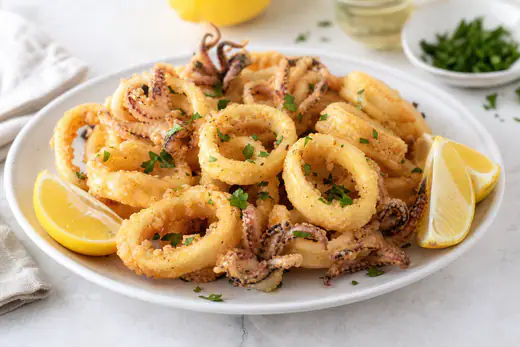 Anelli di calamari dorati e croccanti con panatura di pangrattato, serviti su un piatto con spicchi di limone e prezzemolo tritato