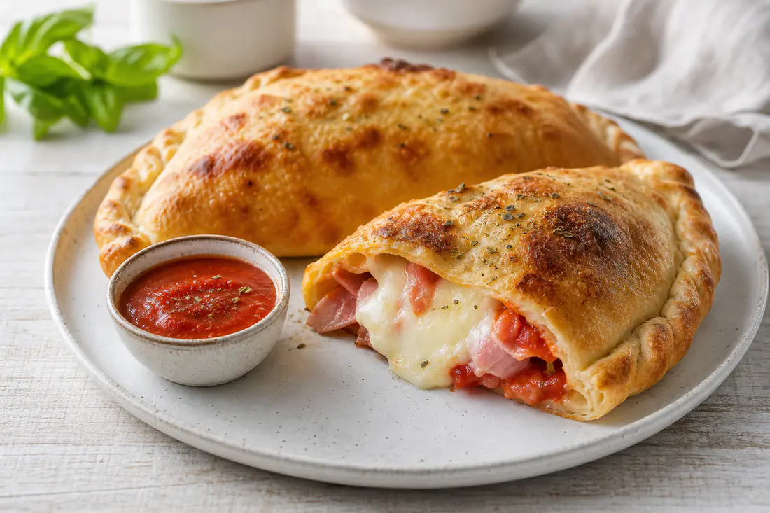 Due calzoni a mezzaluna dorati e gonfi, uno tagliato a metà con mozzarella filante e prosciutto cotto, accanto a una ciotolina di passata