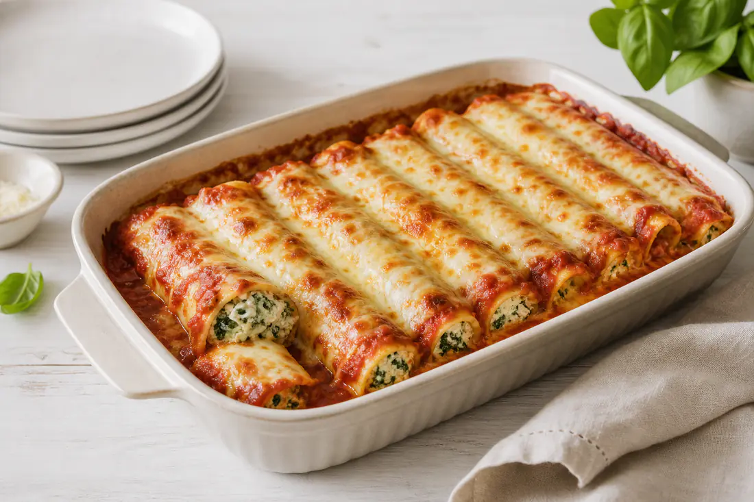 Cannelloni ripieni di ricotta e spinaci in una teglia rettangolare, coperti di sugo di pomodoro e mozzarella gratinata dorata