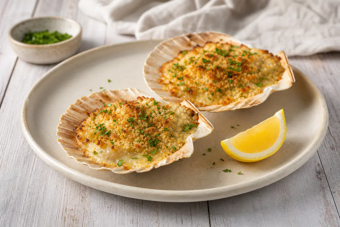 Capesante gratinate servite nella loro conchiglia, con crosticina dorata di pangrattato e prezzemolo, accompagnate da uno spicchio di limone