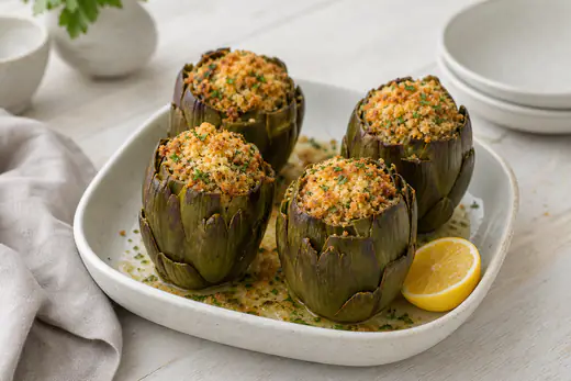 Quattro carciofi interi ripieni di pangrattato dorato e prezzemolo, in una piccola teglia, con uno spicchio di limone
