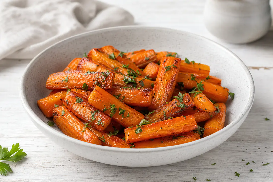 Bastoncini di carota arancioni con i bordi dorati e caramellati, cosparsi di prezzemolo tritato e serviti in una ciotola