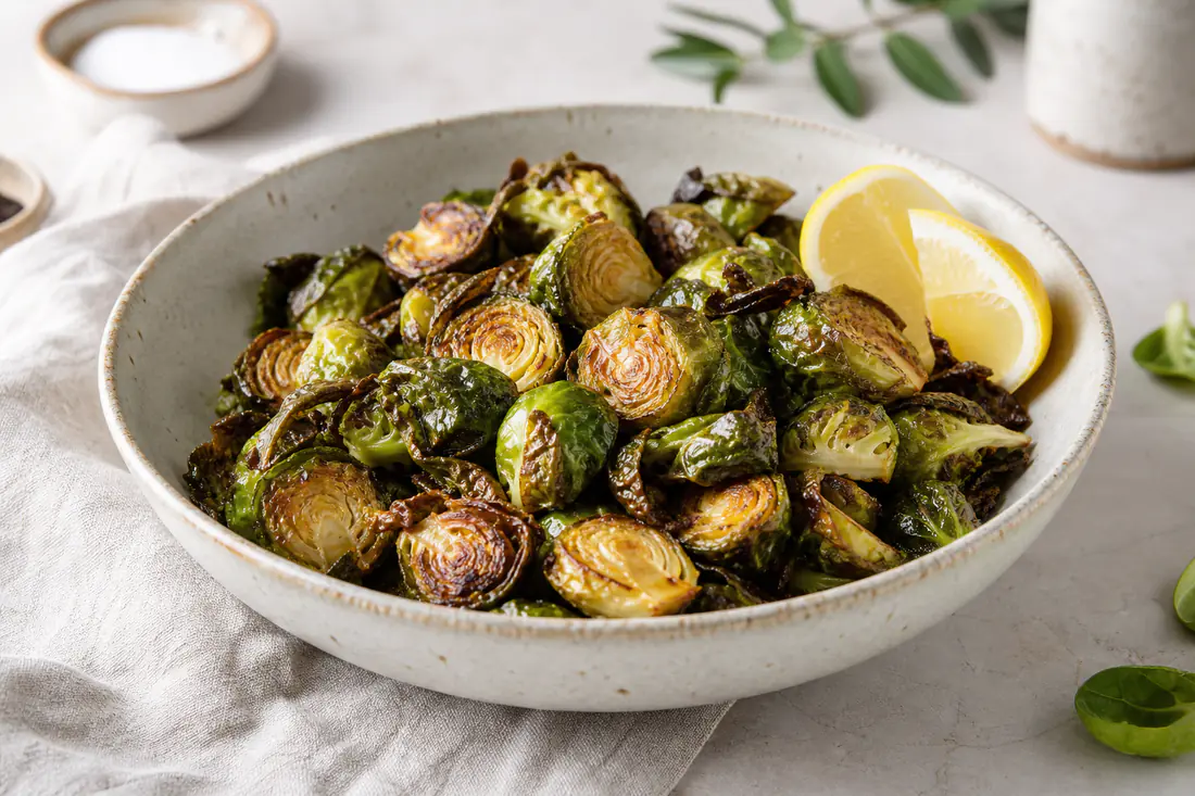 Cavoletti di Bruxelles tagliati a metà con le foglie esterne scure e croccanti, serviti in una ciotola con limone