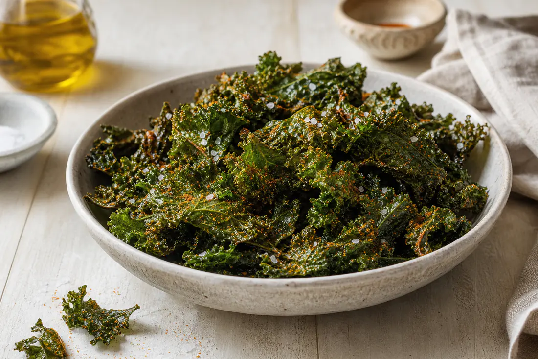 Chips di cavolo riccio verde scuro, croccanti e sottili, con fiocchi di sale e paprica, servite in una ciotola