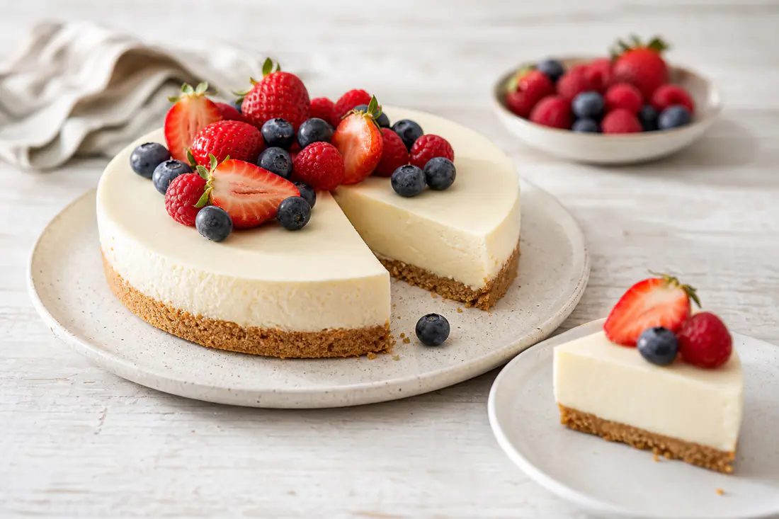 Cheesecake rotonda con base di biscotti, tagliata a fette, con crema liscia e chiara e frutti di bosco freschi sopra