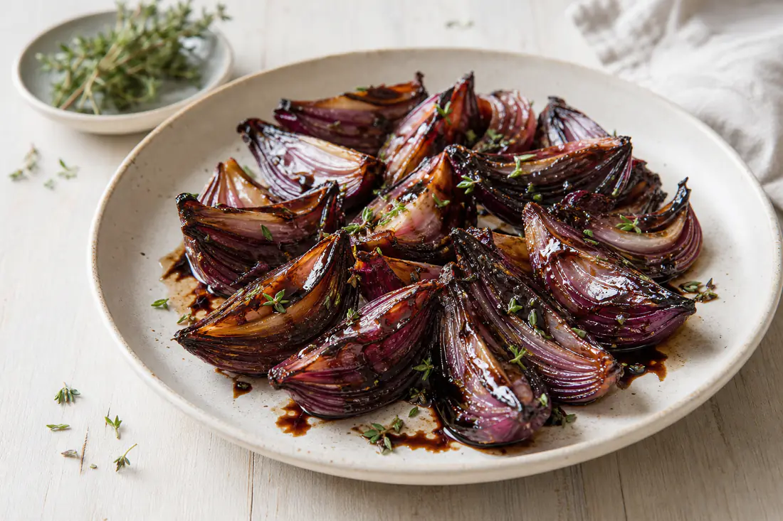 Spicchi di cipolla rossa arrostiti e caramellati, lucidi di balsamico, con bordi scuri e foglioline di timo su un piatto