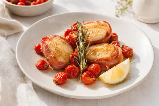 Medaglioni di coda di rospo dorati avvolti in prosciutto crudo, serviti con pomodorini, rosmarino e uno spicchio di limone