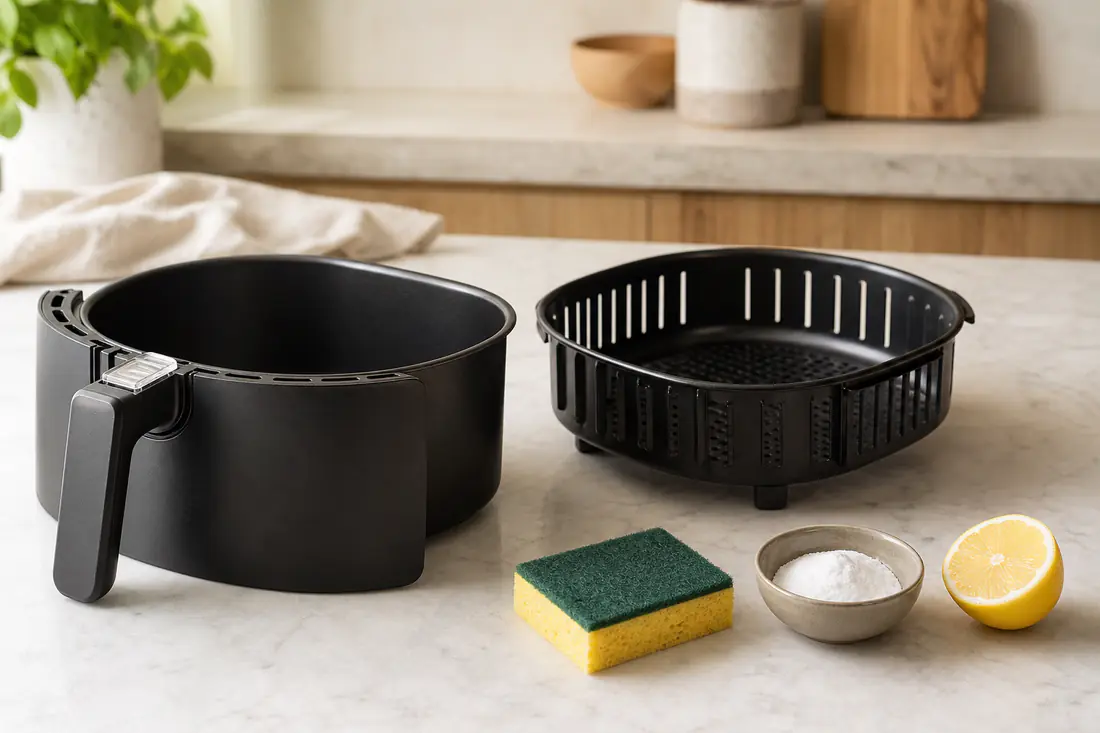 Cestello pulito di una friggitrice ad aria estratto, con spugna morbida, bicarbonato in una ciotolina e mezzo limone su un piano da cucina