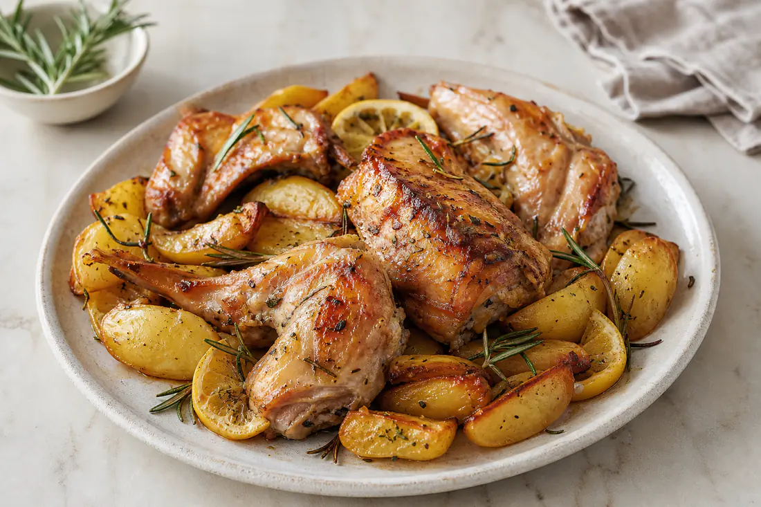 Pezzi di coniglio arrosto dorati con cosce e sella, serviti con patate arrosto, rosmarino e fette di limone su un piatto