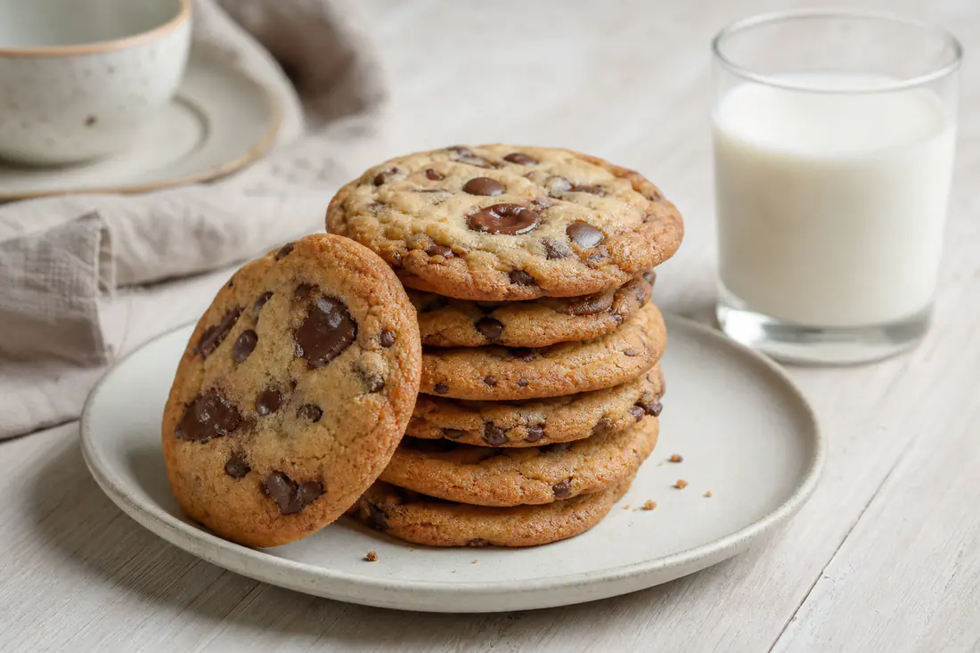 Cookies rotondi con gocce di cioccolato fuse, bordi dorati e centro morbido, impilati su un piatto accanto a un bicchiere di latte