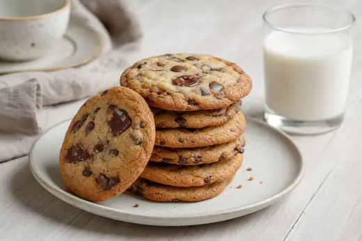 Cookies rotondi con gocce di cioccolato fuse, bordi dorati e centro morbido, impilati su un piatto accanto a un bicchiere di latte