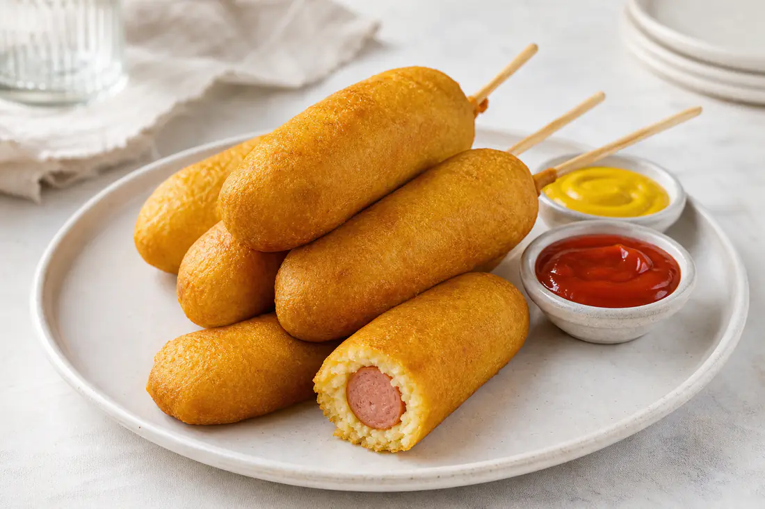 Corn dog dorati con stecco di legno, wurstel avvolti in una crosta gialla di farina di mais, serviti con ketchup e senape