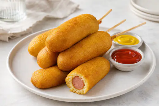 Corn dog dorati con stecco di legno, wurstel avvolti in una crosta gialla di farina di mais, serviti con ketchup e senape