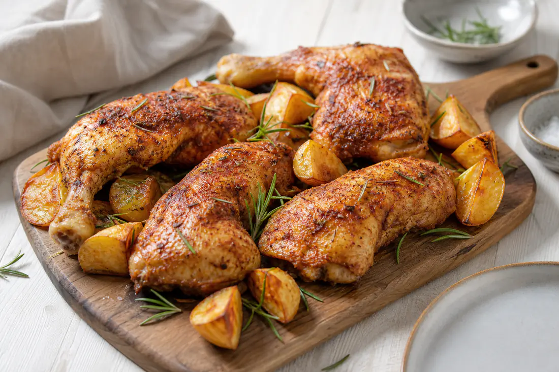 Quattro cosce di pollo con la pelle dorata e croccante, condite con paprica e rosmarino, servite su un tagliere con patate