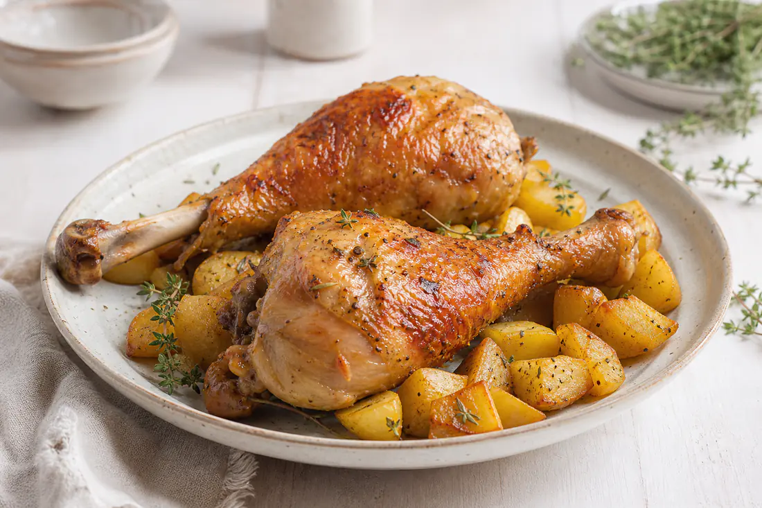 Due cosce di tacchino con la pelle dorata e croccante, servite con patate arrosto e rametti di timo