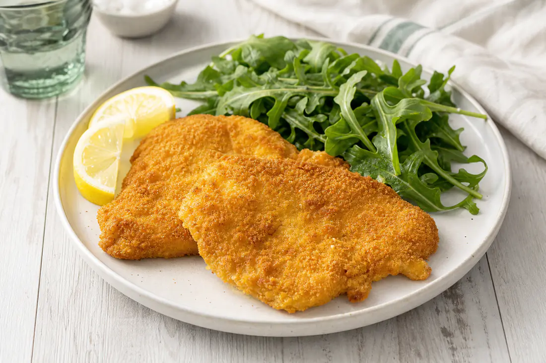Cotolette di pollo impanate e dorate su un piatto, con spicchi di limone e insalata di rucola