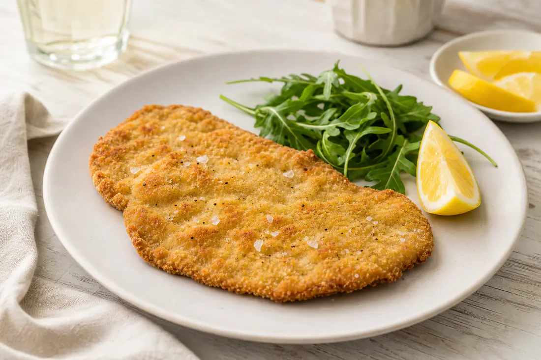 Cotoletta di vitello alla milanese dorata e croccante su un piatto bianco con spicchio di limone e rucola