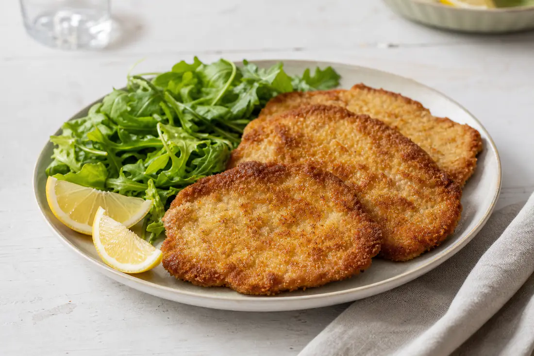 Cotolette di maiale impanate e dorate su un piatto con spicchi di limone e insalata verde