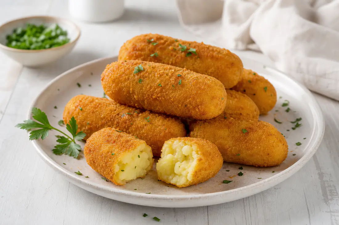 Crocchette di patate cilindriche con panatura dorata e croccante, una aperta a metà con l’interno cremoso, su un piatto con prezzemolo