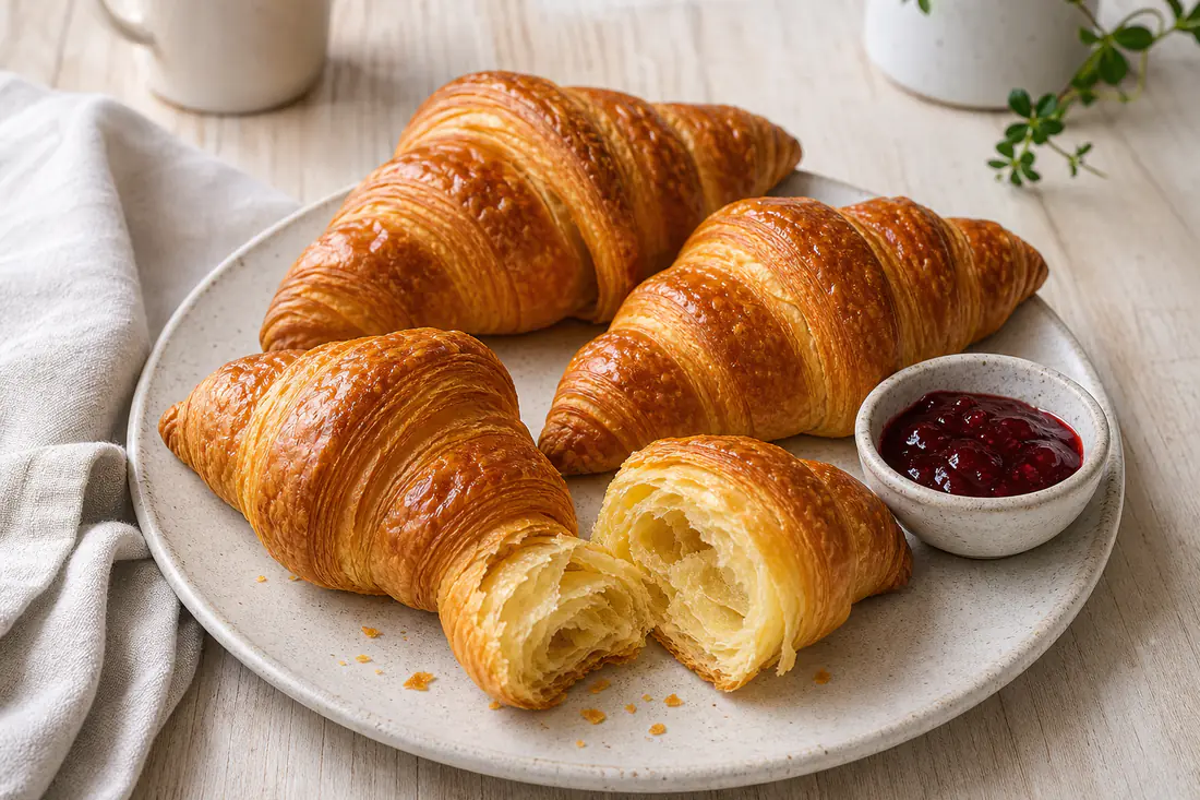 Quattro croissant dorati e lucidi, uno spezzato a metà per mostrare la sfoglia alveolata, su un piatto con marmellata