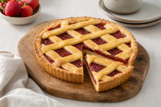 Crostata tonda di marmellata con griglia di strisce di pasta frolla dorata, una fetta tagliata che mostra il ripieno rosso