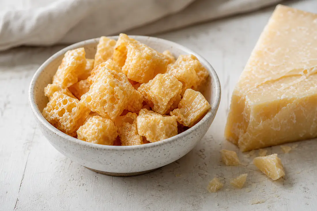Cubetti di crosta di parmigiano gonfi e dorati, con la superficie bollosa, in una ciotolina accanto a un pezzo di parmigiano
