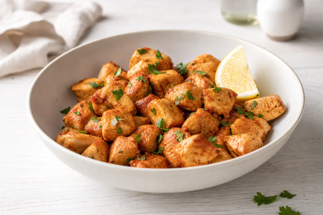 Cubetti di pollo dorati e speziati con paprika in una ciotola bianca, con prezzemolo tritato e uno spicchio di limone