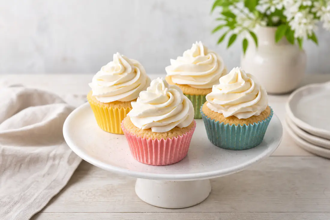Quattro cupcake alla vaniglia con un ciuffo di crema al burro bianca sopra, nei pirottini di carta colorati, su un piatto da dolci