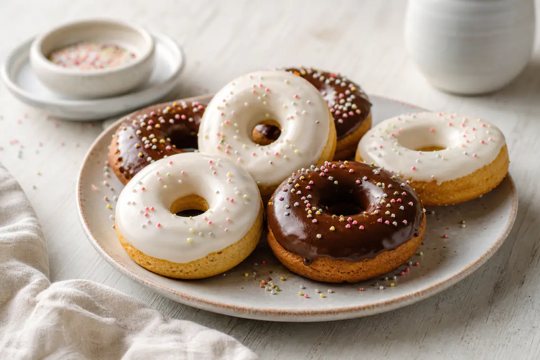 Donuts a forma di ciambella con il buco al centro, ricoperti di glassa bianca e cioccolato, disposti su un piatto con codette colorate