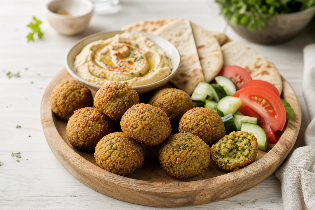 Palline di falafel dorate e croccanti, una spezzata a metà per mostrare l’interno verde di erbe, con hummus e pita su un tagliere