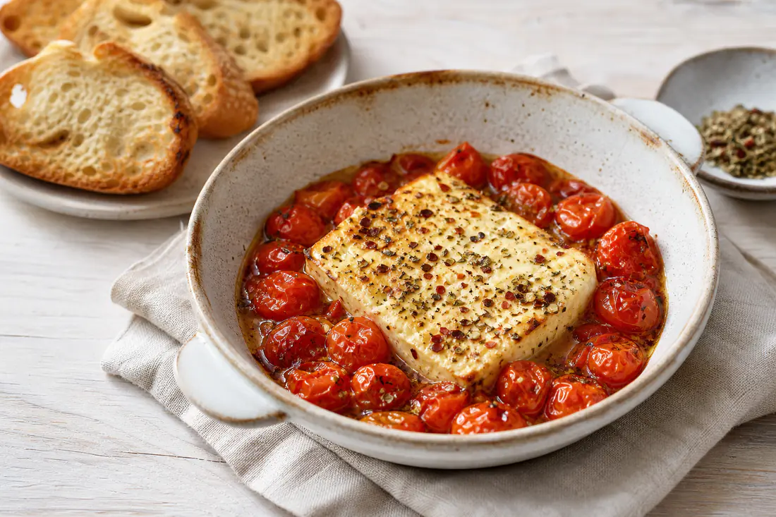 Panetto di feta dorato in una teglietta con pomodorini ciliegini spaccati, origano e olio, accanto a fette di pane tostato