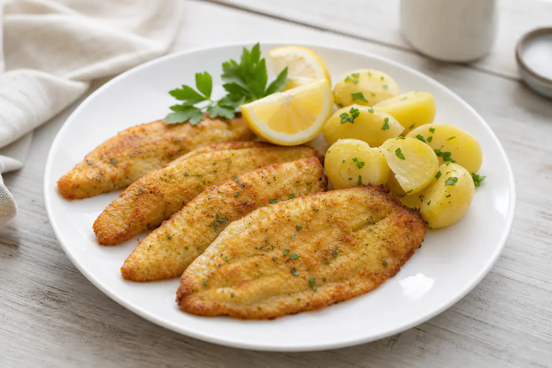 Filetti di sogliola impanati e dorati su un piatto bianco, con spicchi di limone, prezzemolo fresco e un contorno di patate lesse