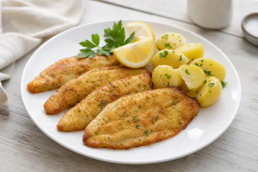 Filetti di sogliola impanati e dorati su un piatto bianco, con spicchi di limone, prezzemolo fresco e un contorno di patate lesse