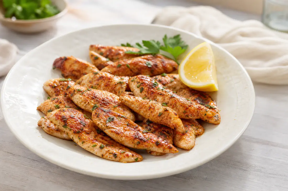 Filetti di pollo dorati e speziati con paprika, serviti su un piatto con erbe aromatiche e uno spicchio di limone