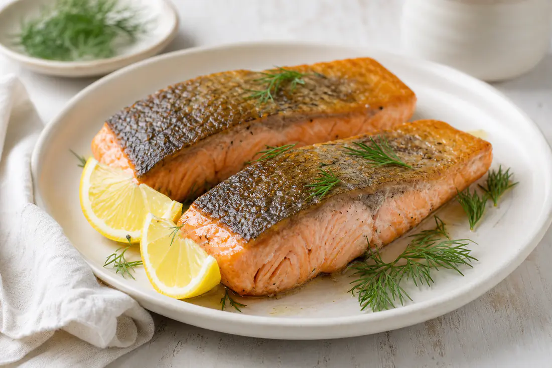 Due filetti di salmone con la pelle croccante e la polpa rosata, serviti su un piatto con spicchi di limone e rametti di aneto