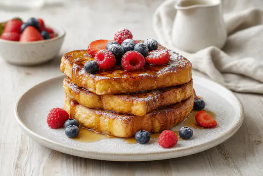 Fette di french toast dorate impilate su un piatto, con frutti di bosco freschi, zucchero a velo e sciroppo d’acero che cola