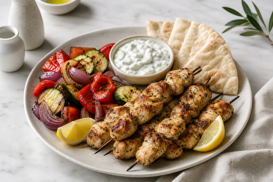 Spiedini di pollo dorati, verdure arrosto, tzatziki e pane pita su un tavolo di marmo bianco