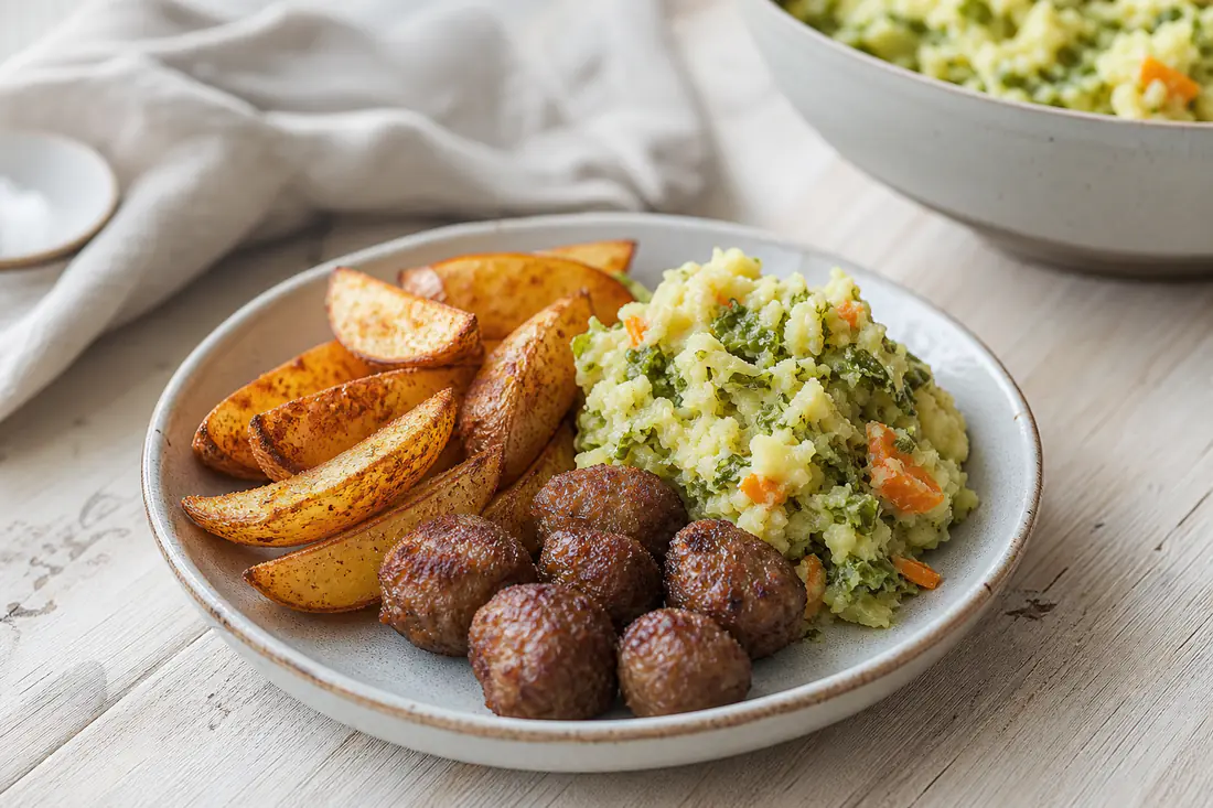 Spicchi di patate croccanti e polpettine accanto a una ciotola di purè di verdure in stile olandese